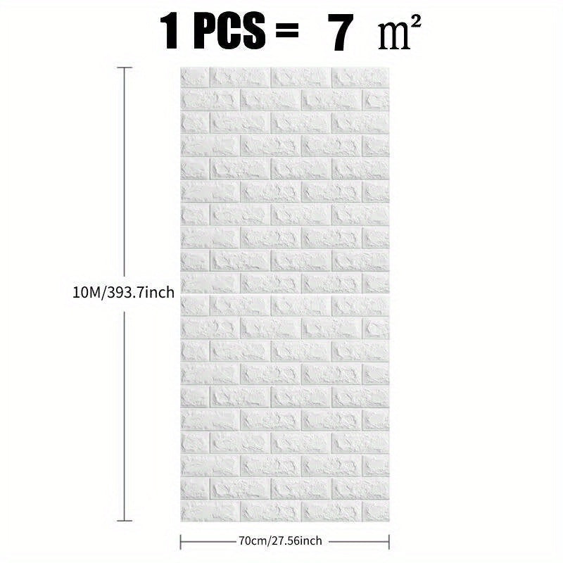 Self-adhesive, waterproof brick wall panels measuring 10M x 70cm. Stain-resistant with strong adhesive for living room, bedroom, TV backdrop. Home DIY décor in 1pc = 7m².