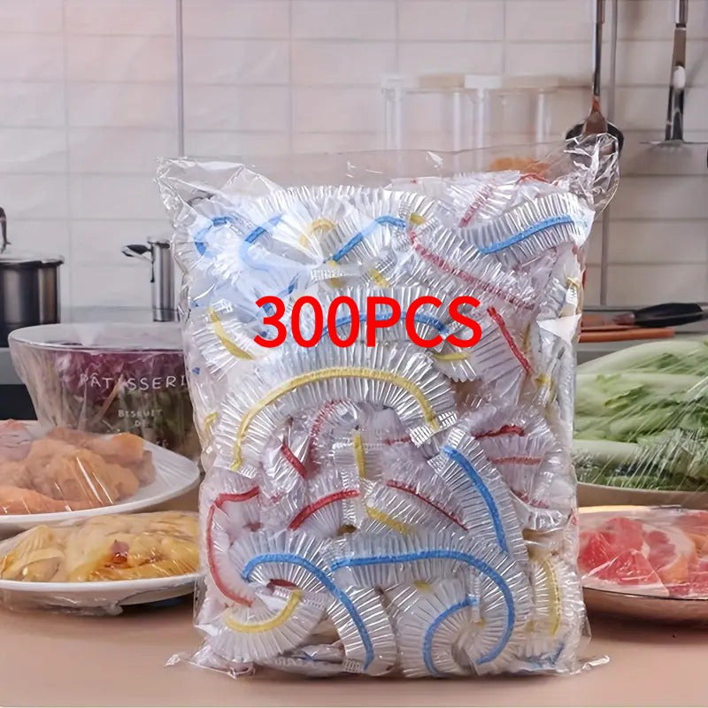 300-pack of high-quality disposable food covers made from food-safe PE plastic wrap for bowls and containers, perfect for keeping your kitchen storage organized and clean.