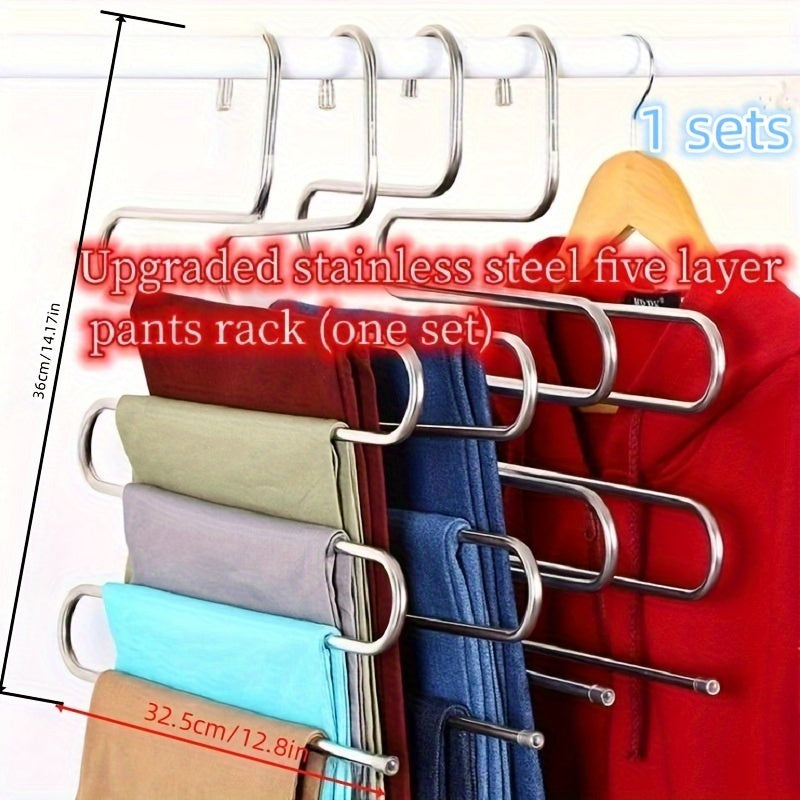 Space-saving stainless steel pants hanger with multiple layers for organizing trousers, towels, and scarves - features non-slip design.