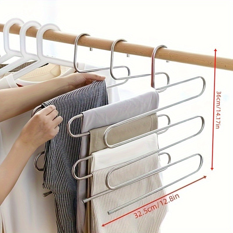 Space-saving stainless steel pants hanger with multiple layers for organizing trousers, towels, and scarves - features non-slip design.