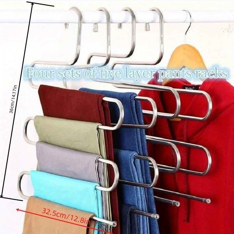 Space-saving stainless steel pants hanger with multiple layers for organizing trousers, towels, and scarves - features non-slip design.