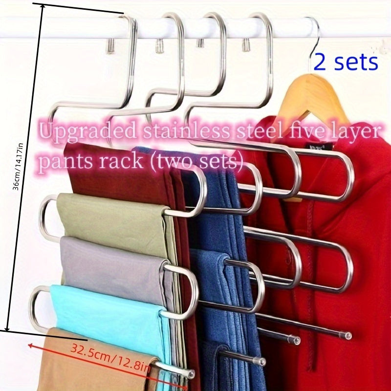 Space-saving stainless steel pants hanger with multiple layers for organizing trousers, towels, and scarves - features non-slip design.