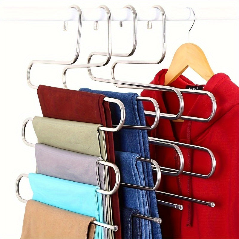 Space-saving stainless steel pants hanger with multiple layers for organizing trousers, towels, and scarves - features non-slip design.