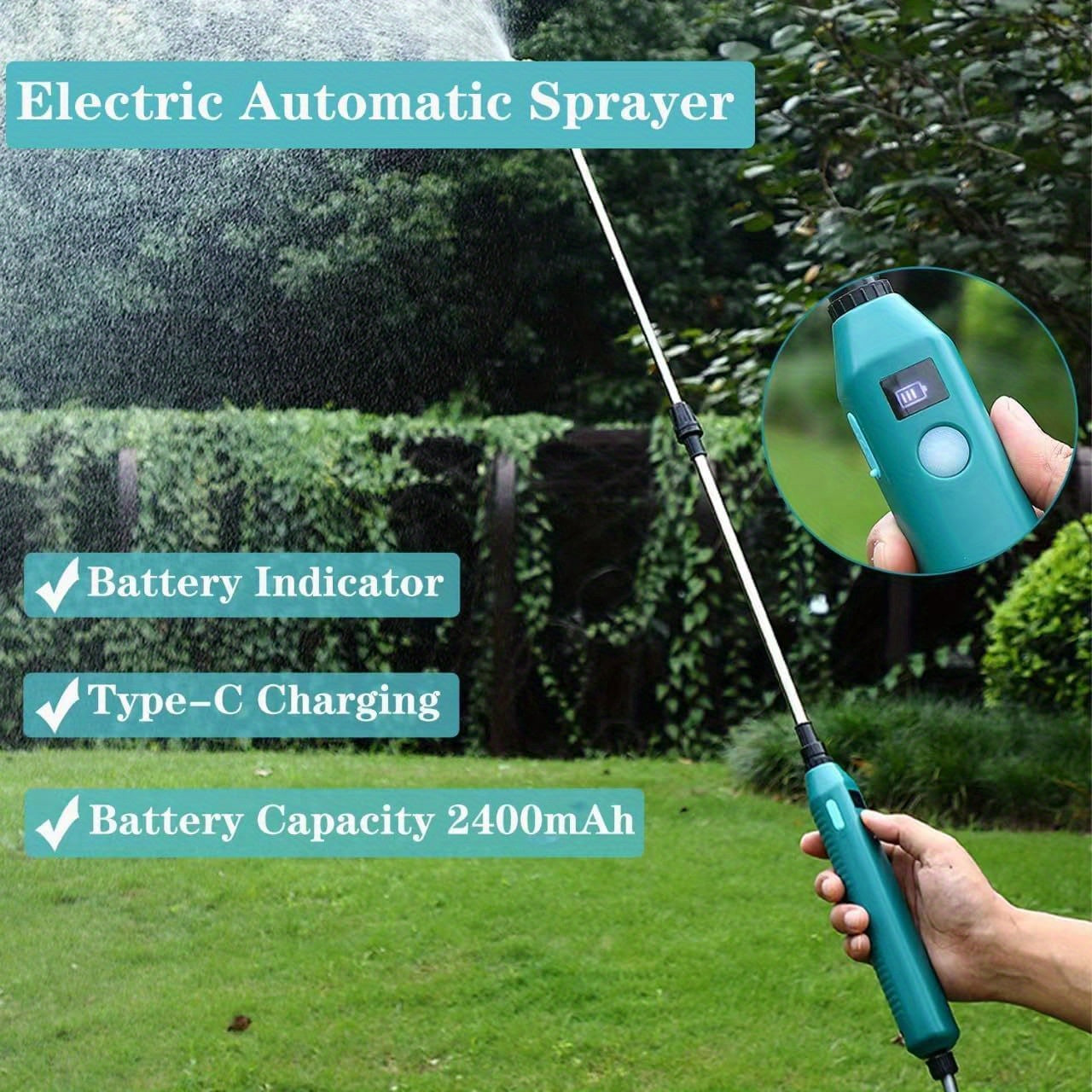 1 electric garden sprayer with telescopic wand, battery level indicator, rechargeable lithium battery, 3 nozzle options, USB charged for lawn care.