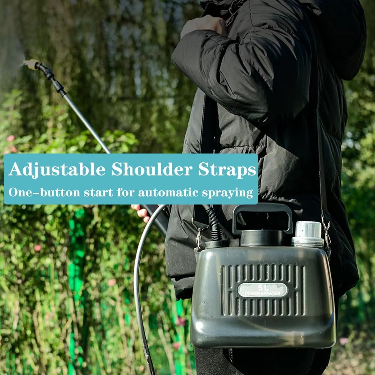 1 electric garden sprayer with telescopic wand, battery level indicator, rechargeable lithium battery, 3 nozzle options, USB charged for lawn care.