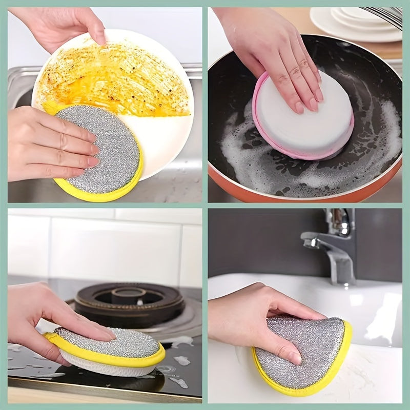 A pack of traceless steel scrubbers in three sizes for double-sided cleaning, suitable for pots and dishes. Ideal for home and kitchen cleaning, reusable and practical.