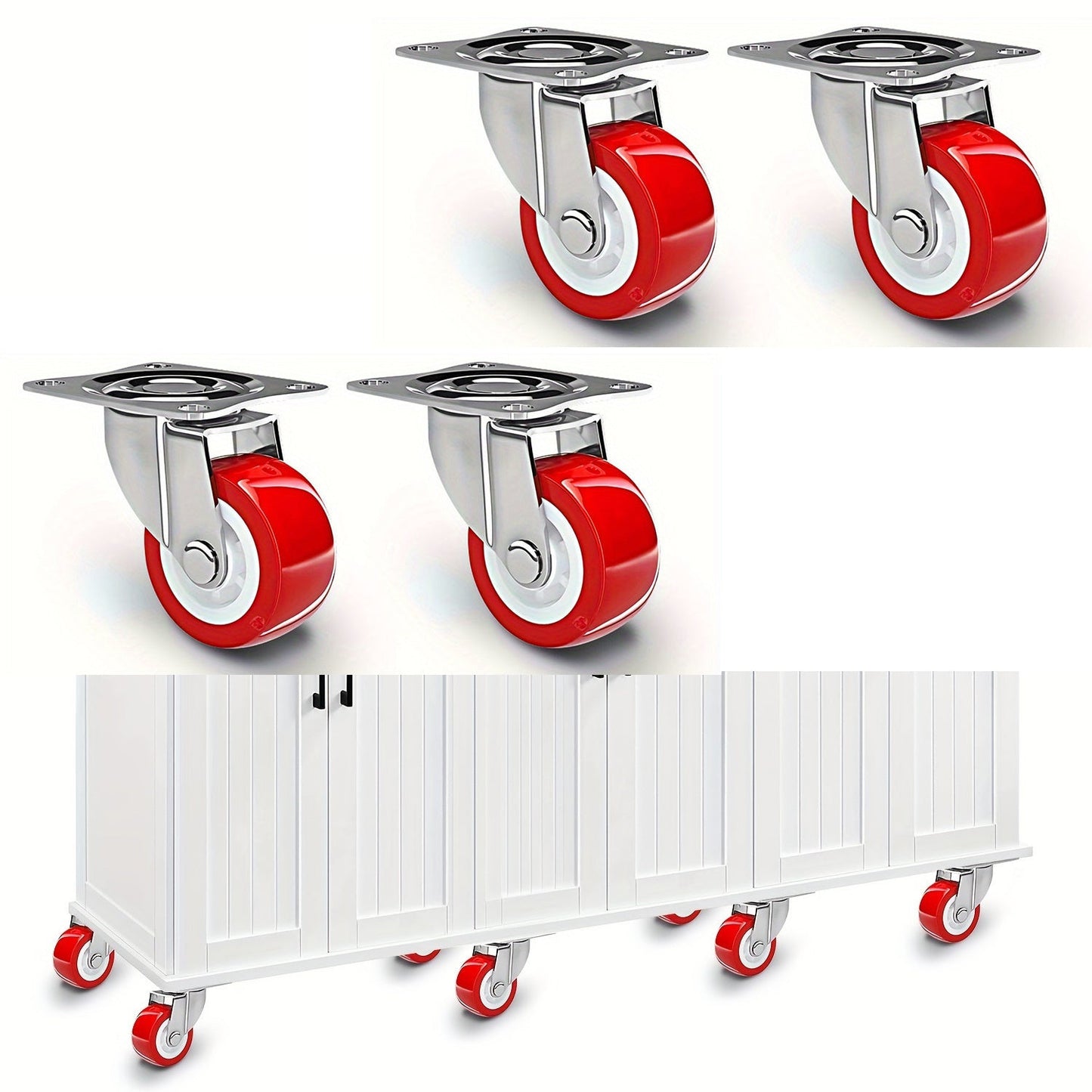 Set of four heavy-duty swivel caster wheels with a polished finish, offering 360° rotation perfect for furniture, dining, and commercial applications. These metal casters do not come with brakes.