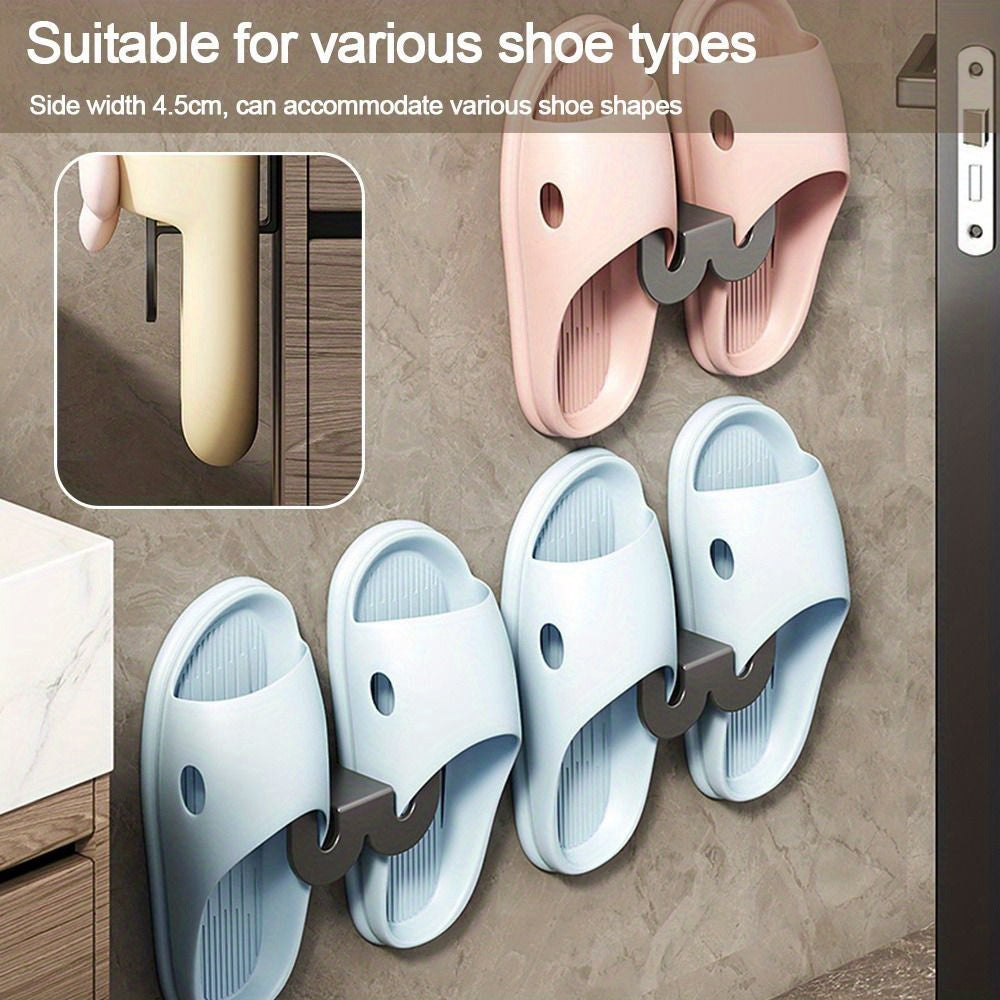 Wall-mounted bathroom slipper rack with multiple functions keeps slippers tidy and organized, saving space in your home. Perfect for hanging slippers in your bedroom or bathroom, this simple rack features storage hooks for additional convenience.