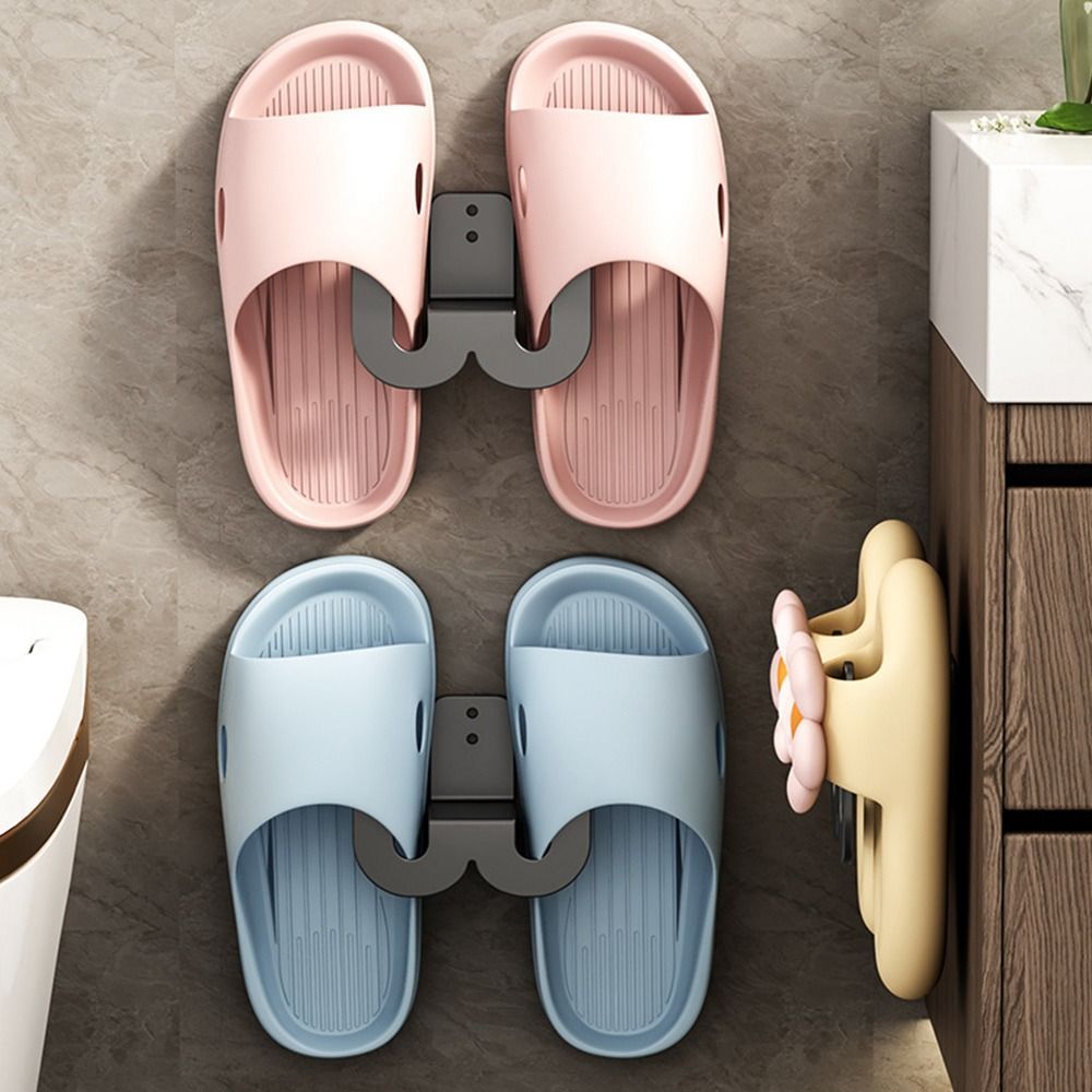 Wall-mounted bathroom slipper rack with multiple functions keeps slippers tidy and organized, saving space in your home. Perfect for hanging slippers in your bedroom or bathroom, this simple rack features storage hooks for additional convenience.