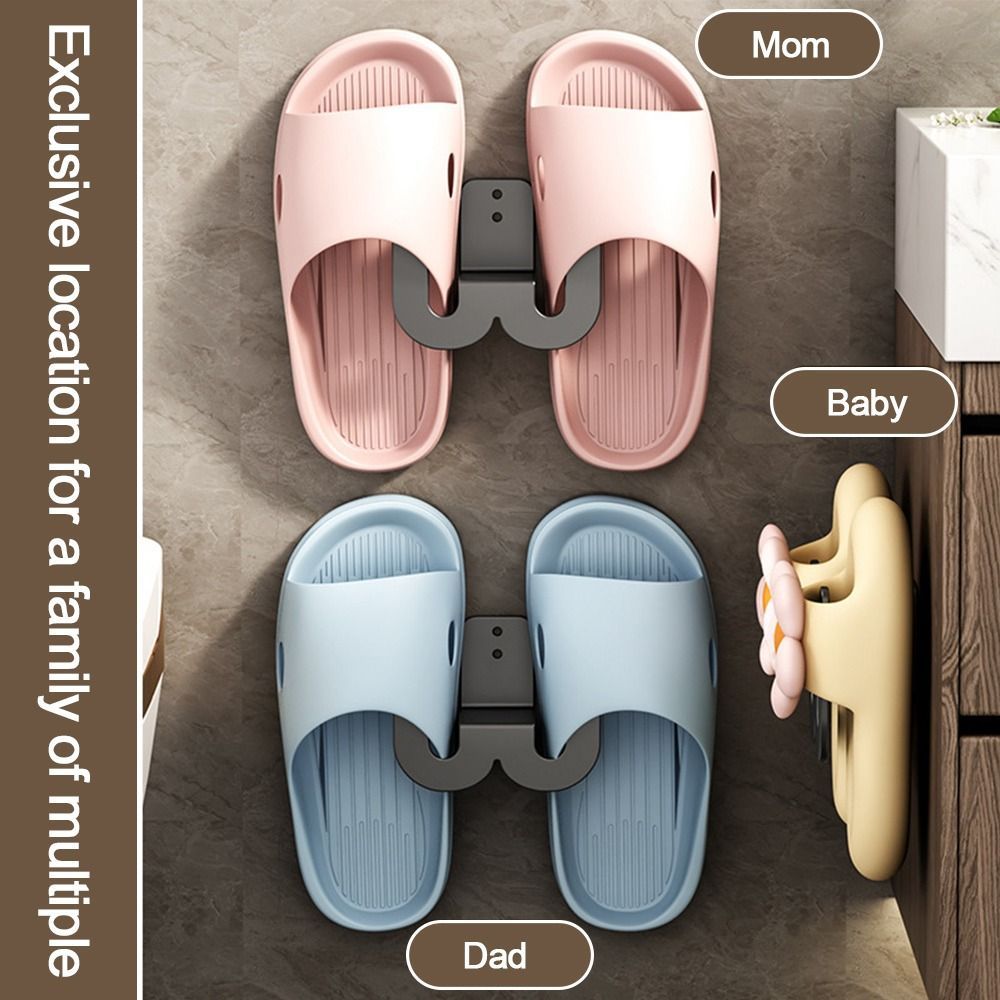 Wall-mounted bathroom slipper rack with multiple functions keeps slippers tidy and organized, saving space in your home. Perfect for hanging slippers in your bedroom or bathroom, this simple rack features storage hooks for additional convenience.