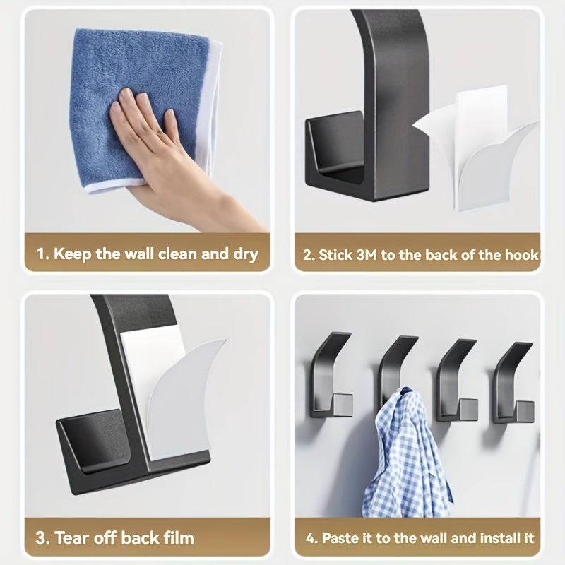 5 sleek black wall-mounted dual-hook set requires no drilling, easy to install with adhesive. Perfect for organization in bathroom, bedroom, and home. Can hold towels, coats, robes, keys, and more.