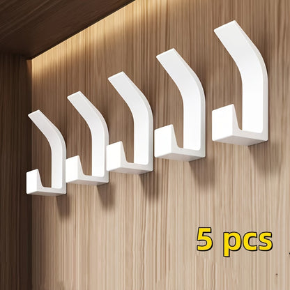 5 sleek black wall-mounted dual-hook set requires no drilling, easy to install with adhesive. Perfect for organization in bathroom, bedroom, and home. Can hold towels, coats, robes, keys, and more.