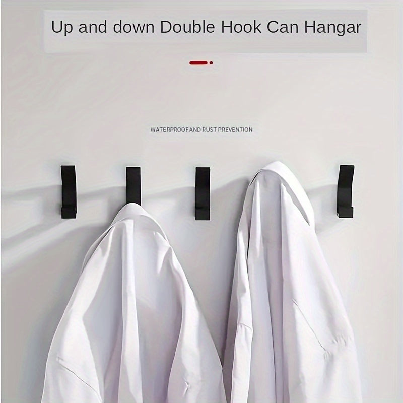 5 sleek black wall-mounted dual-hook set requires no drilling, easy to install with adhesive. Perfect for organization in bathroom, bedroom, and home. Can hold towels, coats, robes, keys, and more.