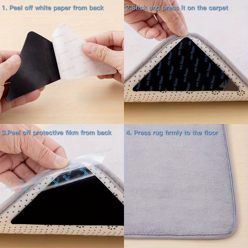 Get 4 reusable and washable rug gripper pads that provide super grip on hardwood and tile floors. They are anti-slip, easy to use, and floor safe, making them perfect for the office, entryway, or any room. These pads have an enhanced vacuum seal to