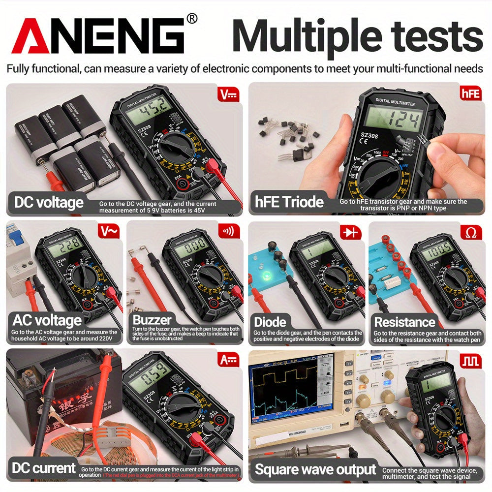 ANENG SZ308 is a digital multimeter with 1999 counts, square wave, HFE triode, AC/DC voltage, 10A current capabilities, and is powered by batteries (no plug).