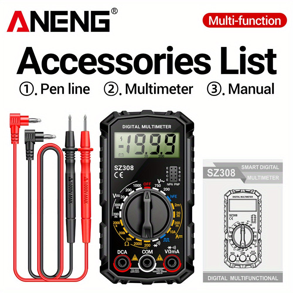 ANENG SZ308 is a digital multimeter with 1999 counts, square wave, HFE triode, AC/DC voltage, 10A current capabilities, and is powered by batteries (no plug).