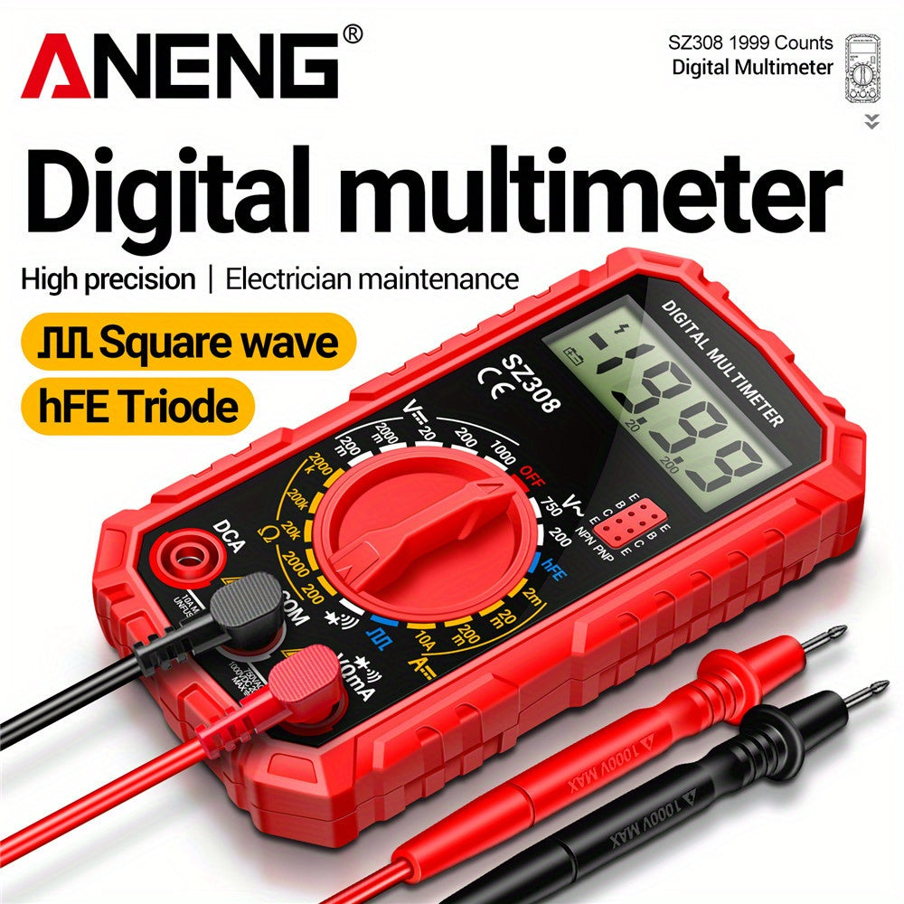 ANENG SZ308 is a digital multimeter with 1999 counts, square wave, HFE triode, AC/DC voltage, 10A current capabilities, and is powered by batteries (no plug).