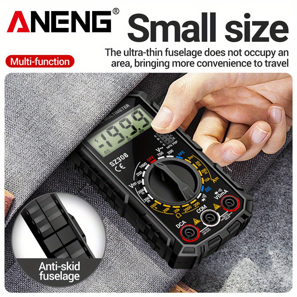 ANENG SZ308 is a digital multimeter with 1999 counts, square wave, HFE triode, AC/DC voltage, 10A current capabilities, and is powered by batteries (no plug).