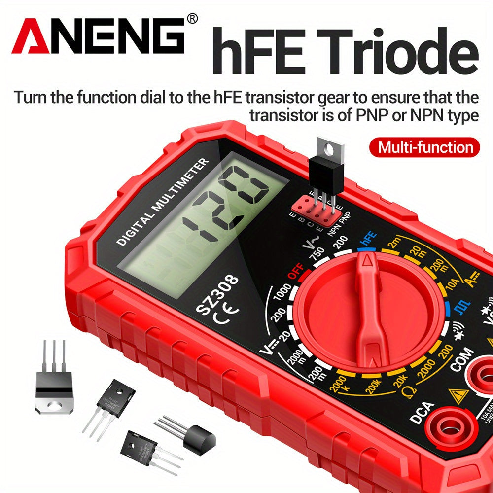 ANENG SZ308 is a digital multimeter with 1999 counts, square wave, HFE triode, AC/DC voltage, 10A current capabilities, and is powered by batteries (no plug).