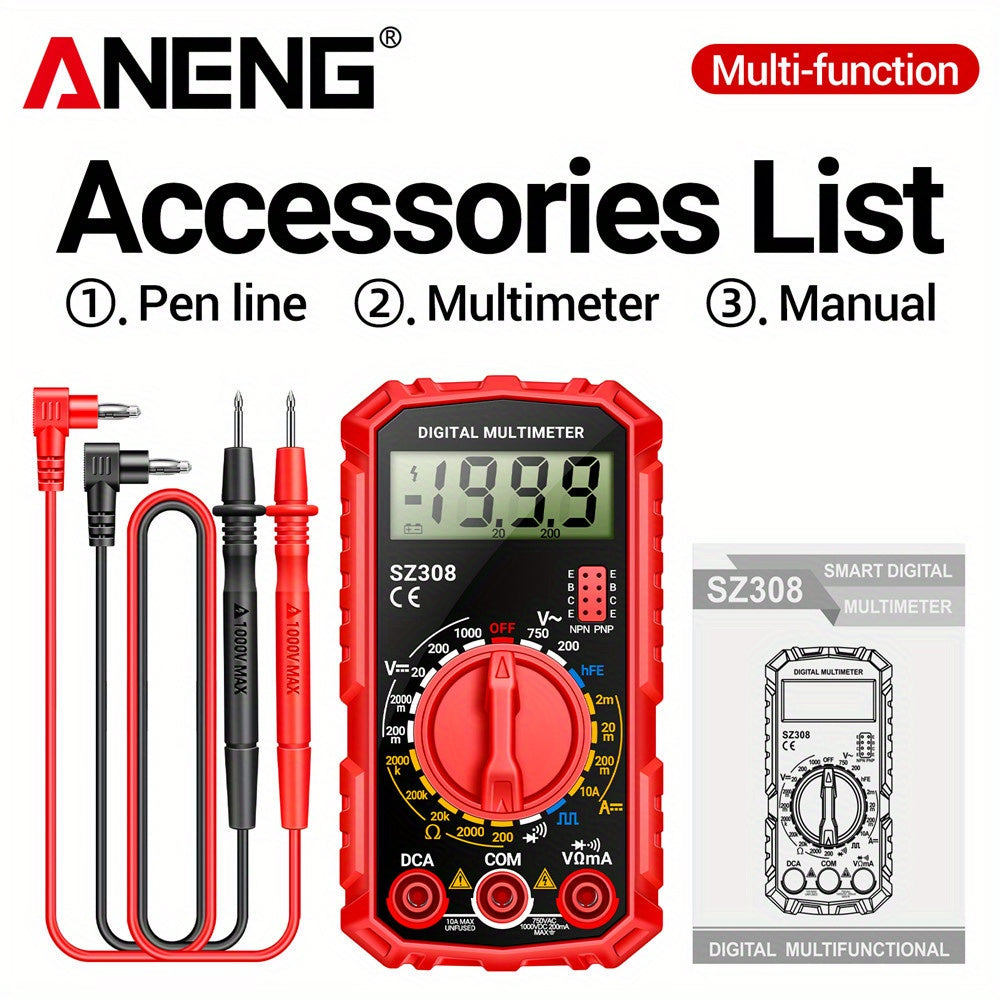 ANENG SZ308 is a digital multimeter with 1999 counts, square wave, HFE triode, AC/DC voltage, 10A current capabilities, and is powered by batteries (no plug).