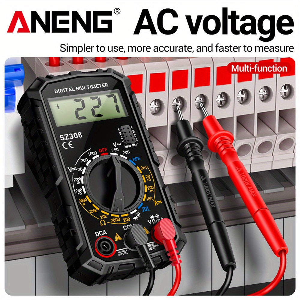 ANENG SZ308 is a digital multimeter with 1999 counts, square wave, HFE triode, AC/DC voltage, 10A current capabilities, and is powered by batteries (no plug).