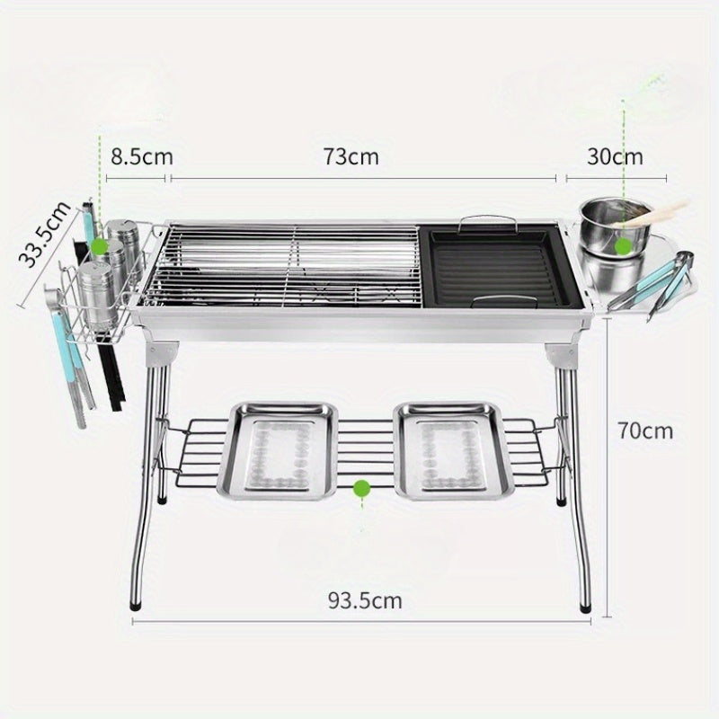 Large stainless steel barbecue grill for your household, camping, or outdoor gatherings. Features a folding design for easy portability.