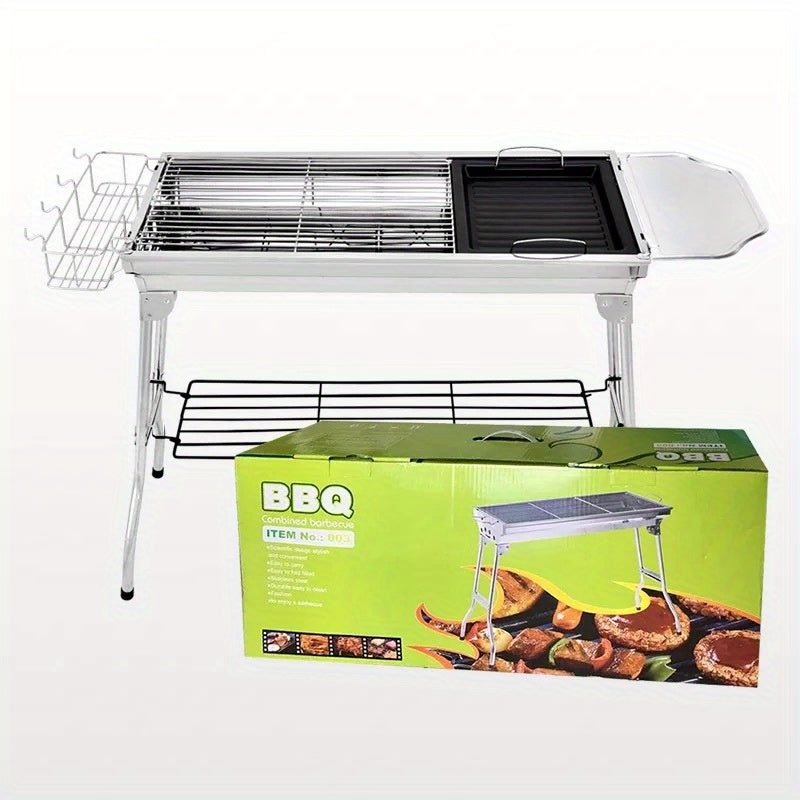 Large stainless steel barbecue grill for your household, camping, or outdoor gatherings. Features a folding design for easy portability.