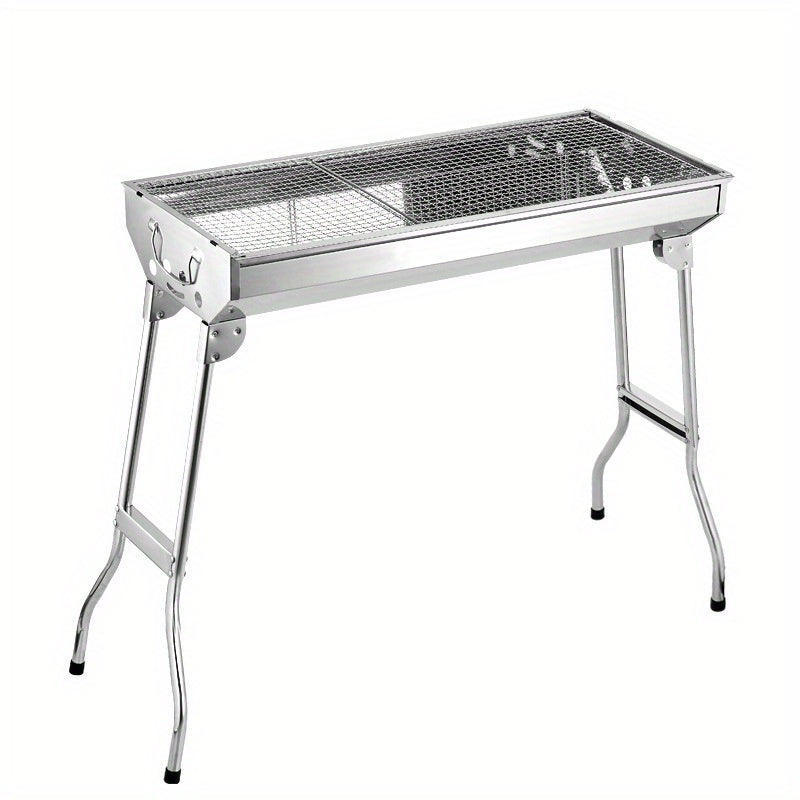 Large stainless steel barbecue grill for your household, camping, or outdoor gatherings. Features a folding design for easy portability.