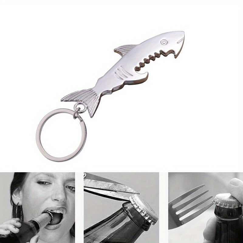 Shark-shaped stainless steel bottle opener keychain: a unique and creative beer accessory, perfect gift idea. Silvery color, made of alloy.