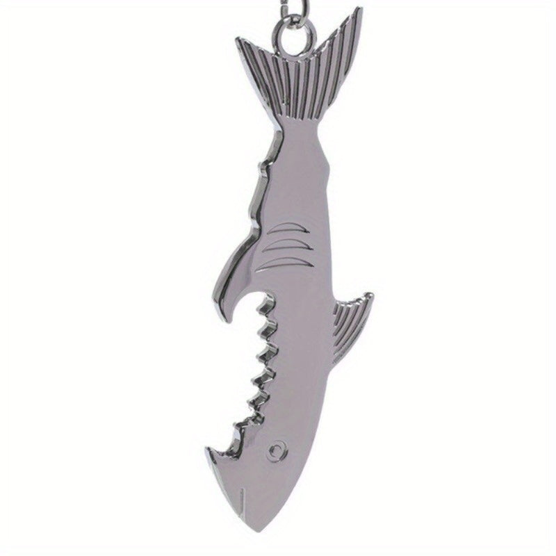 Shark-shaped stainless steel bottle opener keychain: a unique and creative beer accessory, perfect gift idea. Silvery color, made of alloy.