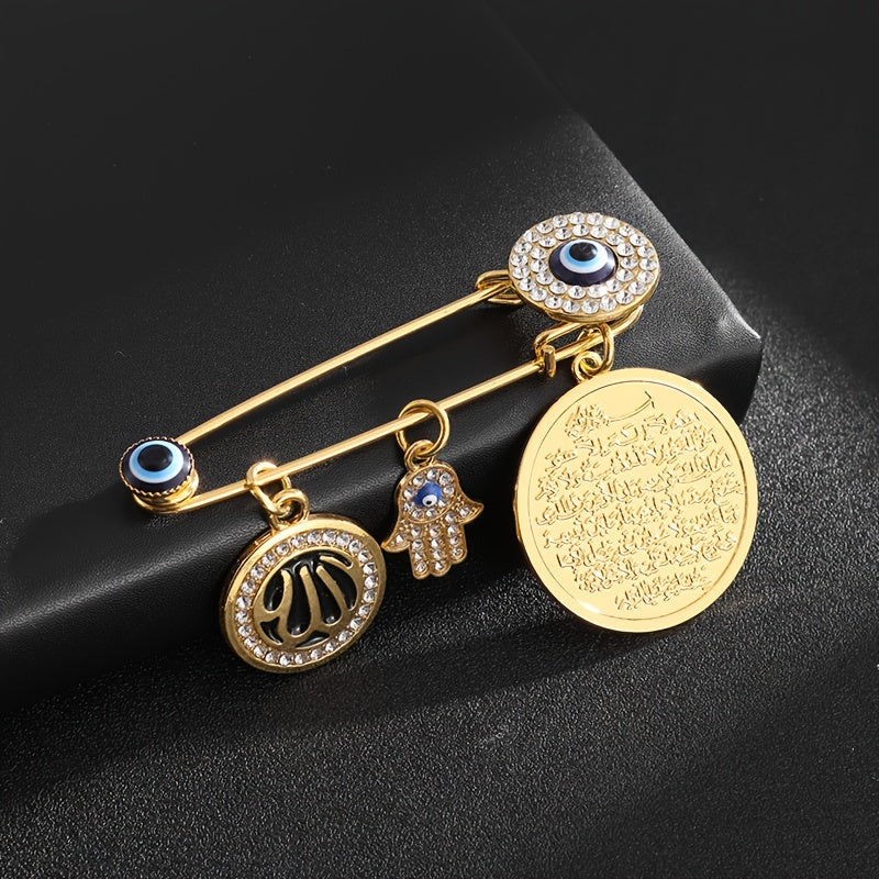 Alloy Fatima Hand Brooch with Lucky Blue Evil Eye - Unique Islamic Amulet Jewelry Present