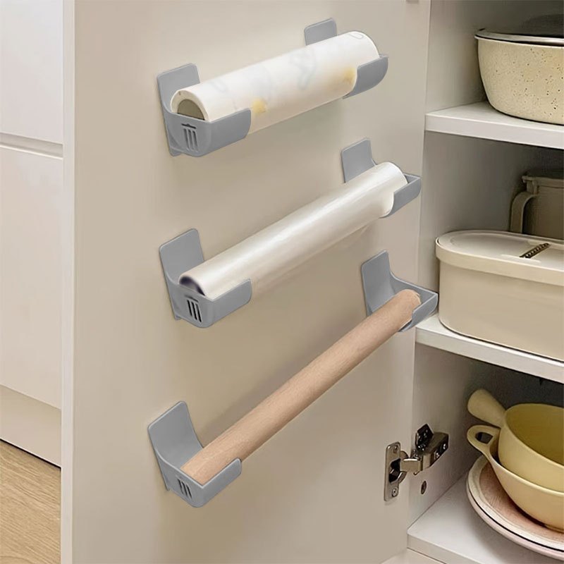 4-piece versatile self-adhesive storage rack for kitchen, perfect for organizing plastic wrap, aluminum foil, towels, and garbage bags - Features an adjustable wall-mounted bracket, suitable for use on cabinets, refrigerator sides, and for storing