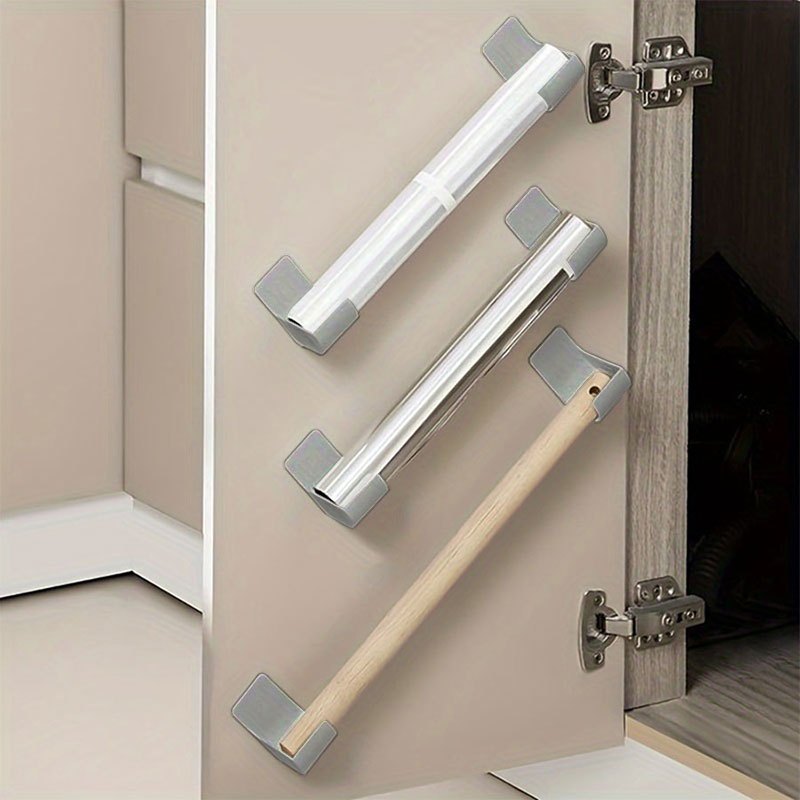 4-piece versatile self-adhesive storage rack for kitchen, perfect for organizing plastic wrap, aluminum foil, towels, and garbage bags - Features an adjustable wall-mounted bracket, suitable for use on cabinets, refrigerator sides, and for storing