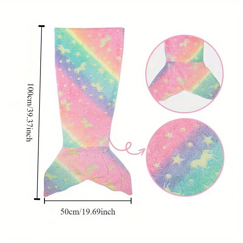 Mermaid Tail Flannel Sleeping Bag with Glow-in-the-Dark Feature and Cartoon Design, Ideal for Kids, Kickproof Quilt Included