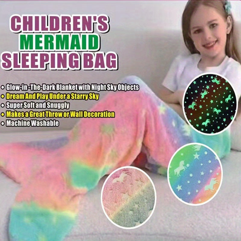 Mermaid Tail Flannel Sleeping Bag with Glow-in-the-Dark Feature and Cartoon Design, Ideal for Kids, Kickproof Quilt Included