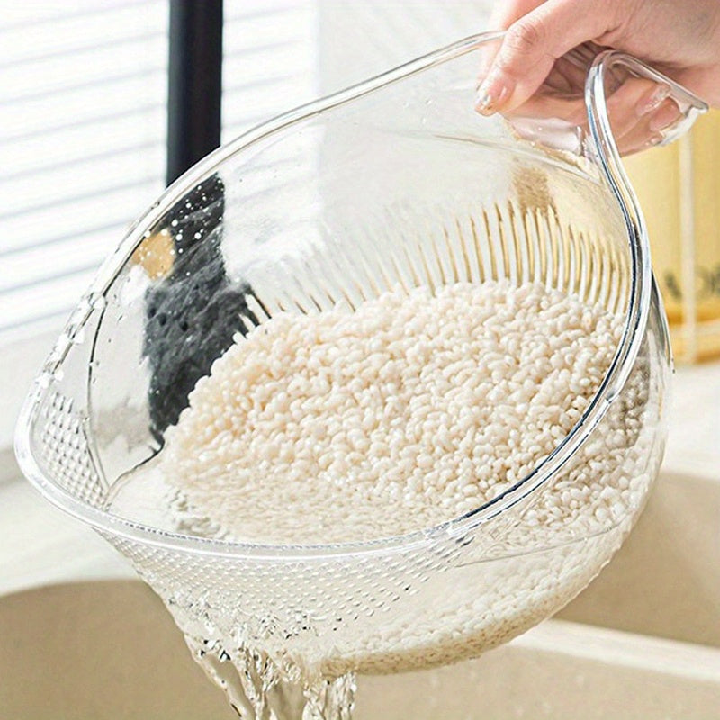 A multifunctional plastic rice washing bowl with draining holes and fruit basket.