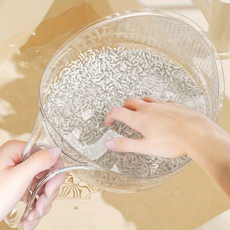 A multifunctional plastic rice washing bowl with draining holes and fruit basket.