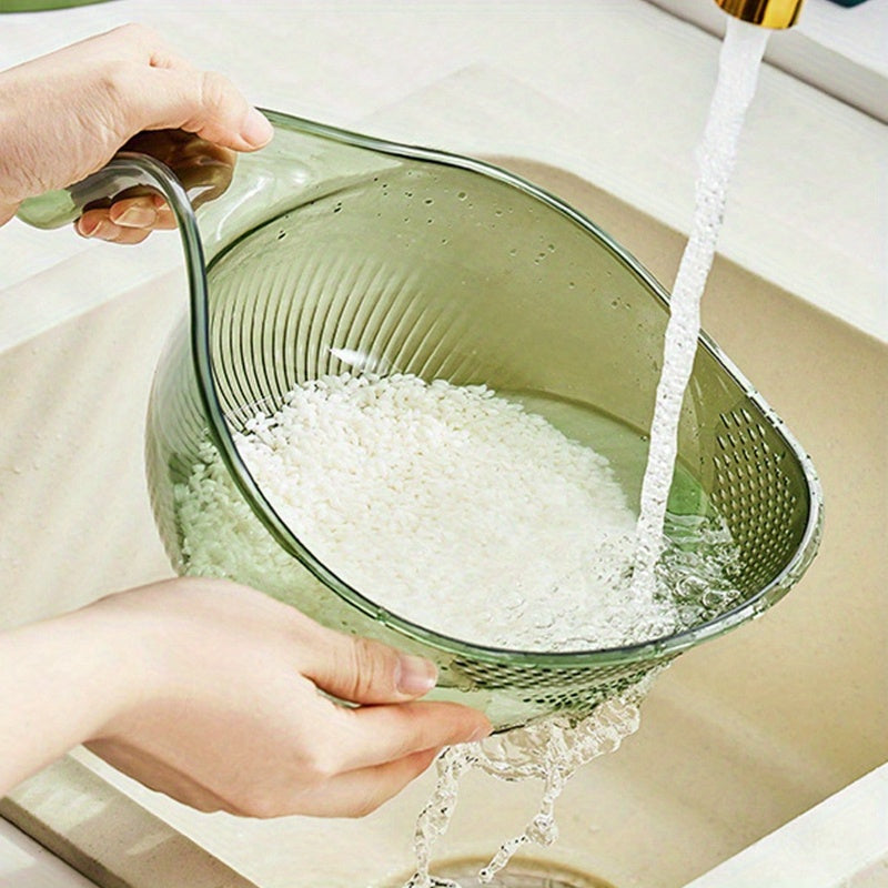 A multifunctional plastic rice washing bowl with draining holes and fruit basket.