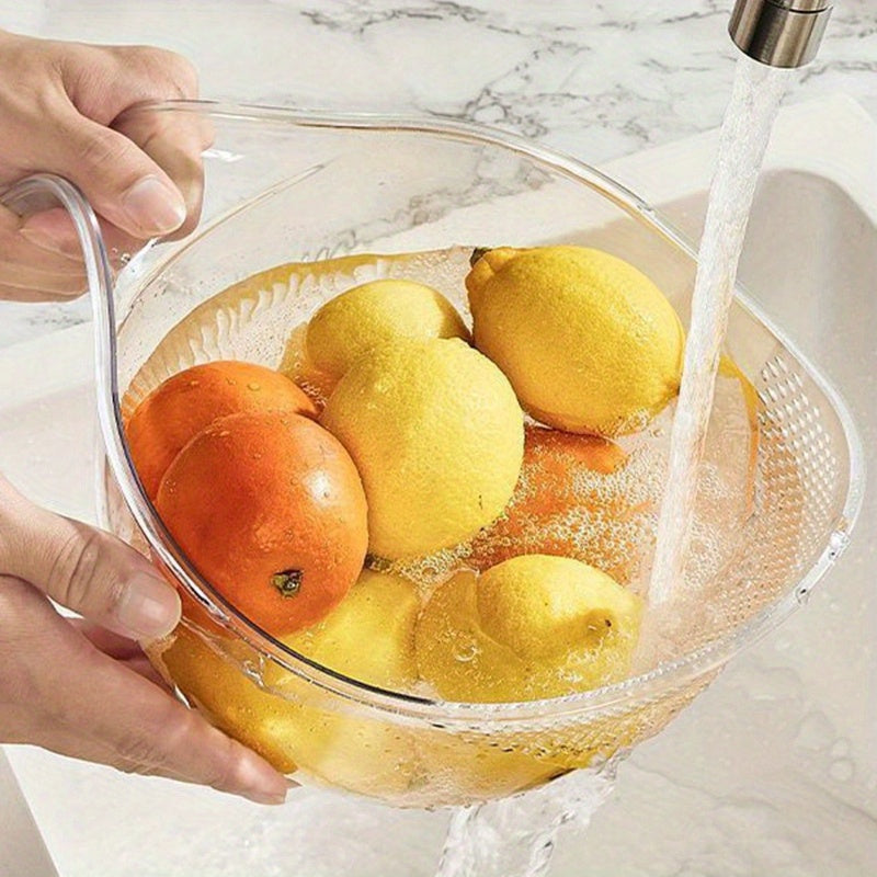 A multifunctional plastic rice washing bowl with draining holes and fruit basket.