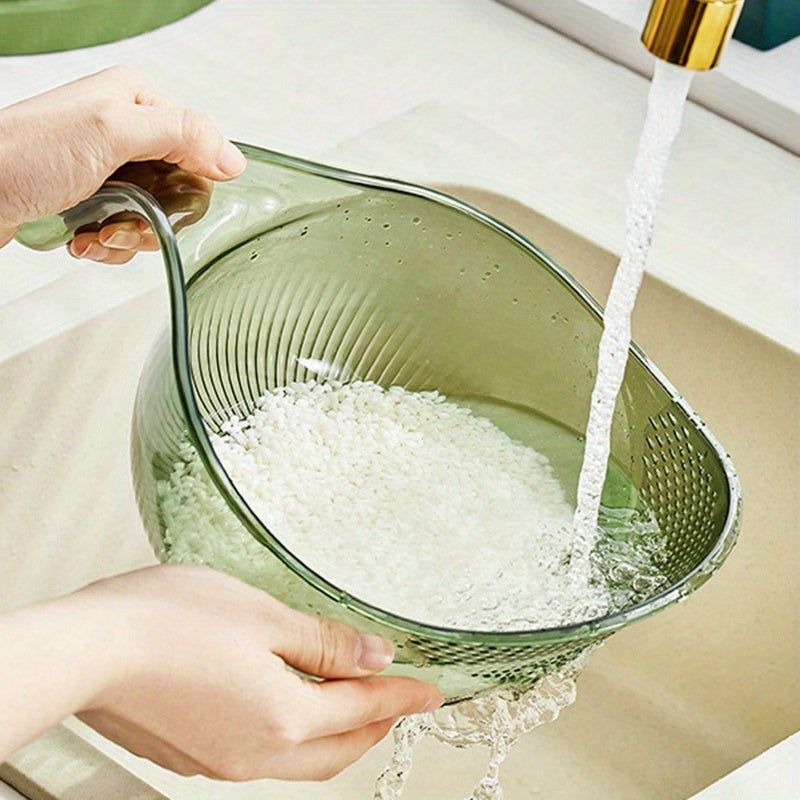 A multifunctional plastic rice washing bowl with draining holes and fruit basket.