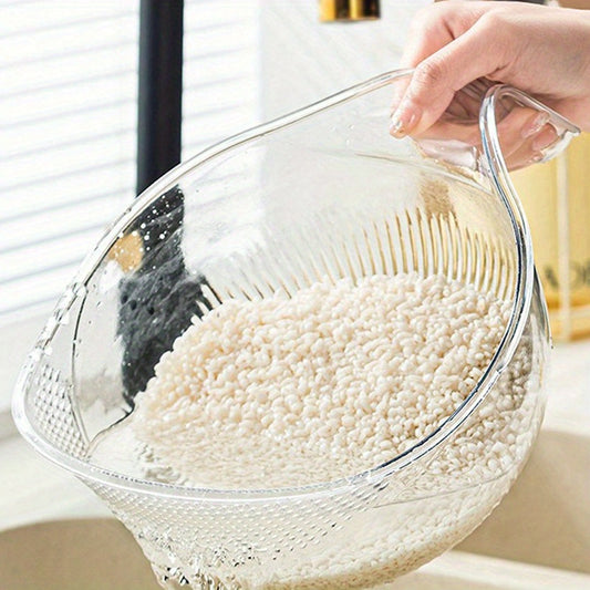 A multifunctional plastic rice washing bowl with draining holes and fruit basket.