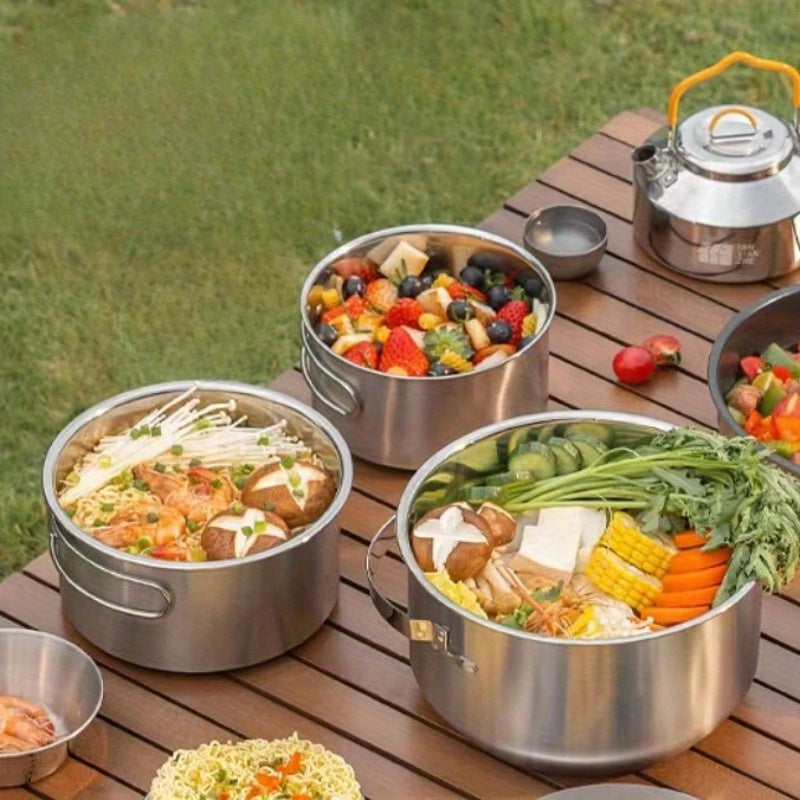 Portable Stainless Steel Camping Cookware Set - Versatile Outdoor Cooking Kit Includes Hanging Pots and Utensils