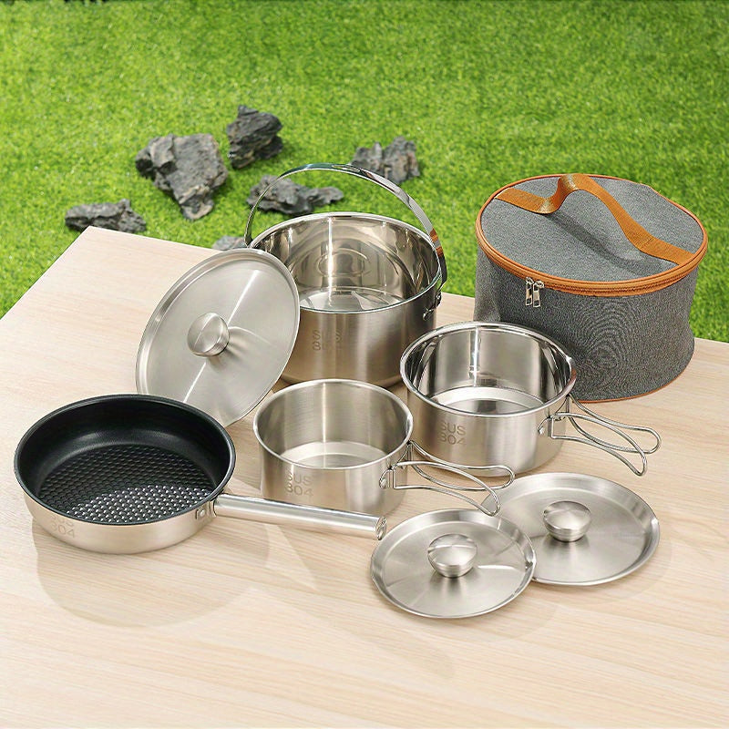 Portable Stainless Steel Camping Cookware Set - Versatile Outdoor Cooking Kit Includes Hanging Pots and Utensils