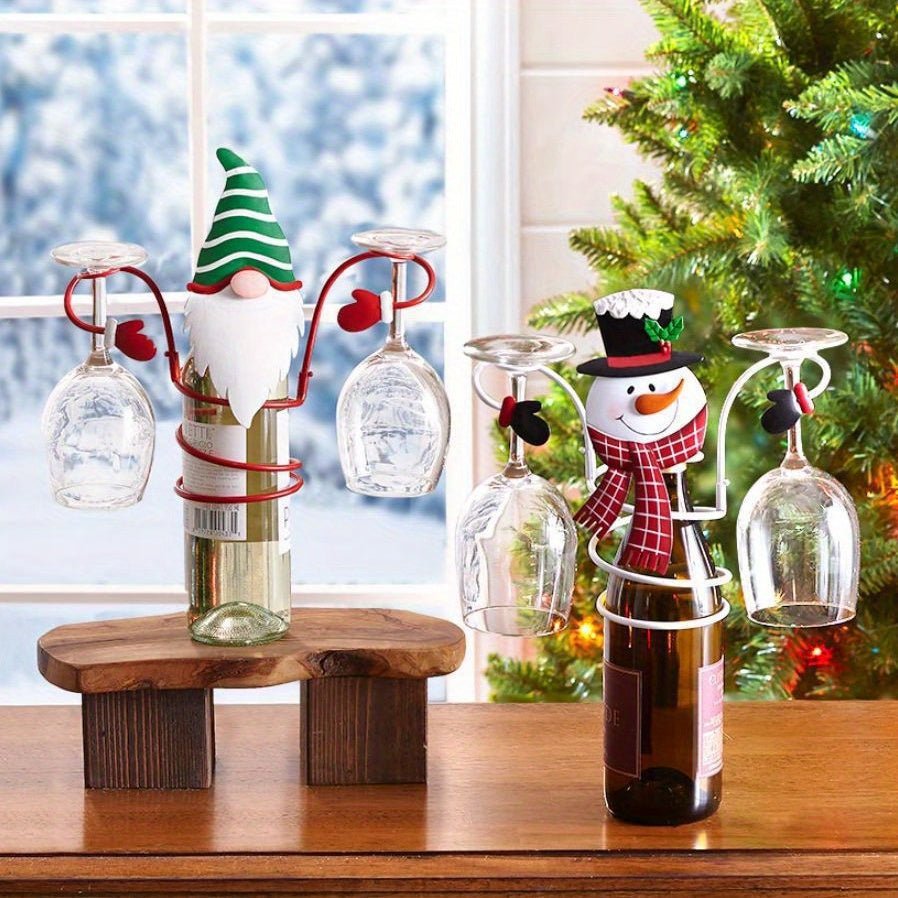 Festive Christmas wine bottle and glass holder set featuring Santa and Snowman designs; ideal for holiday dining decor and gifting.