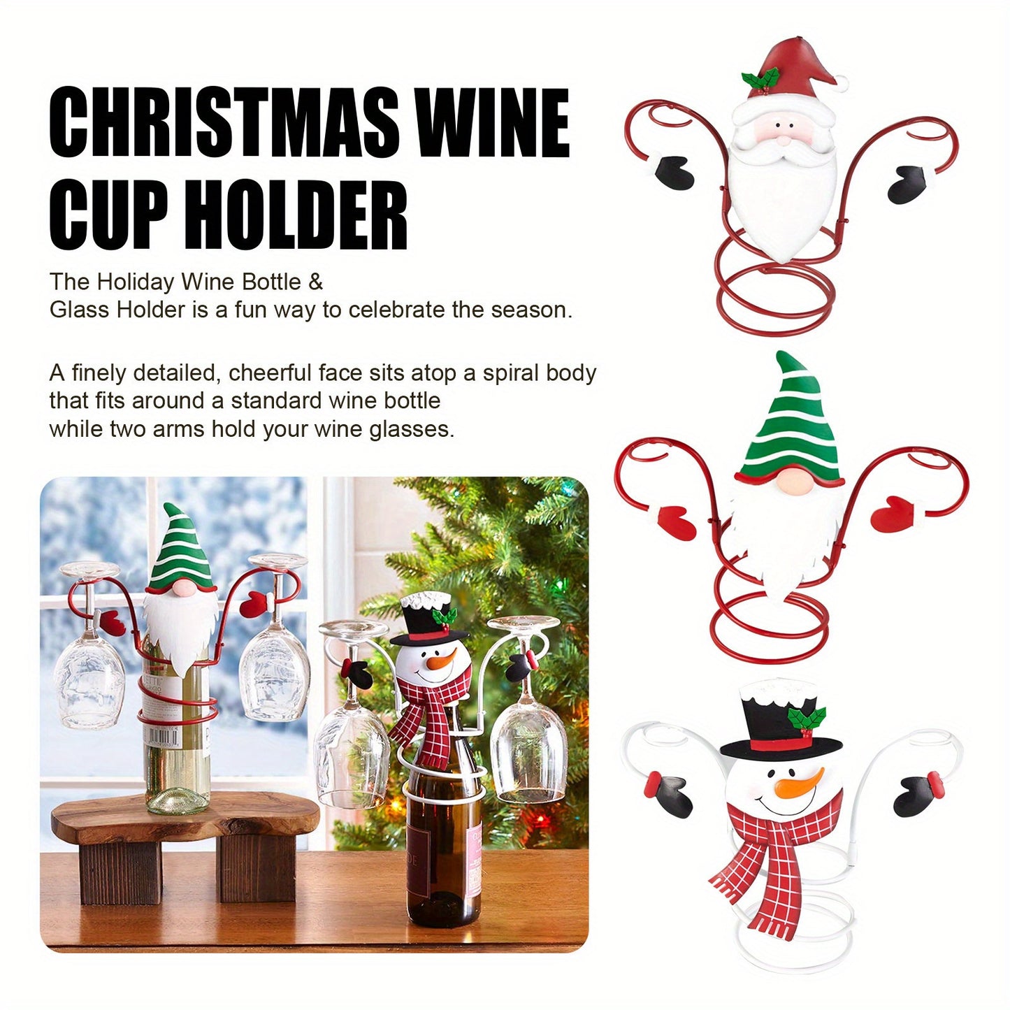 Festive Christmas wine bottle and glass holder set featuring Santa and Snowman designs; ideal for holiday dining decor and gifting.