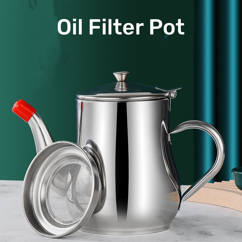 Oil Filter Pot made of Stainless Steel with Lid and Spout - Ideal for Cooking and Serving