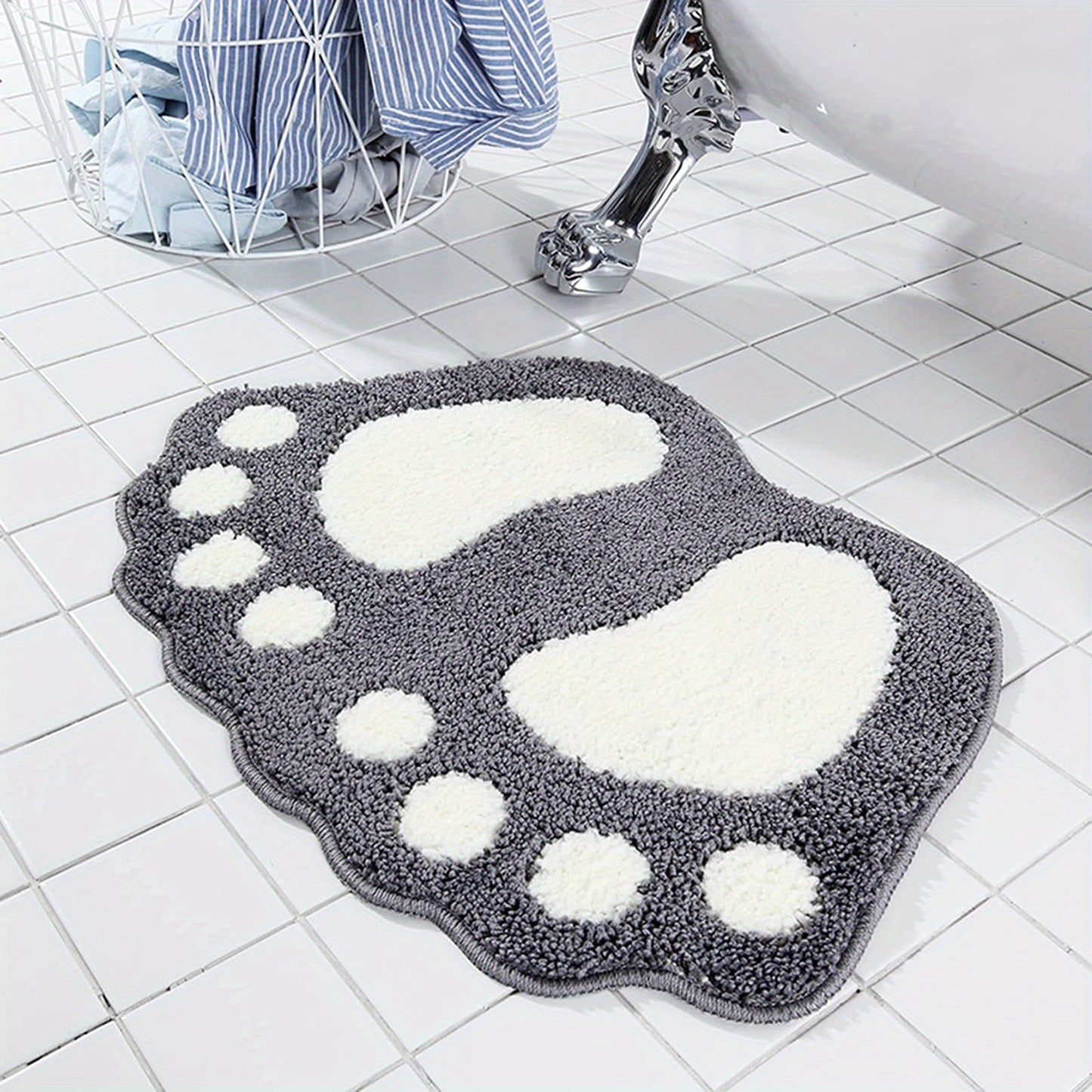 Absorbent microfiber bath mat with non-slip grip and cute footprint design, ideal for bathroom, shower, and kitchen.