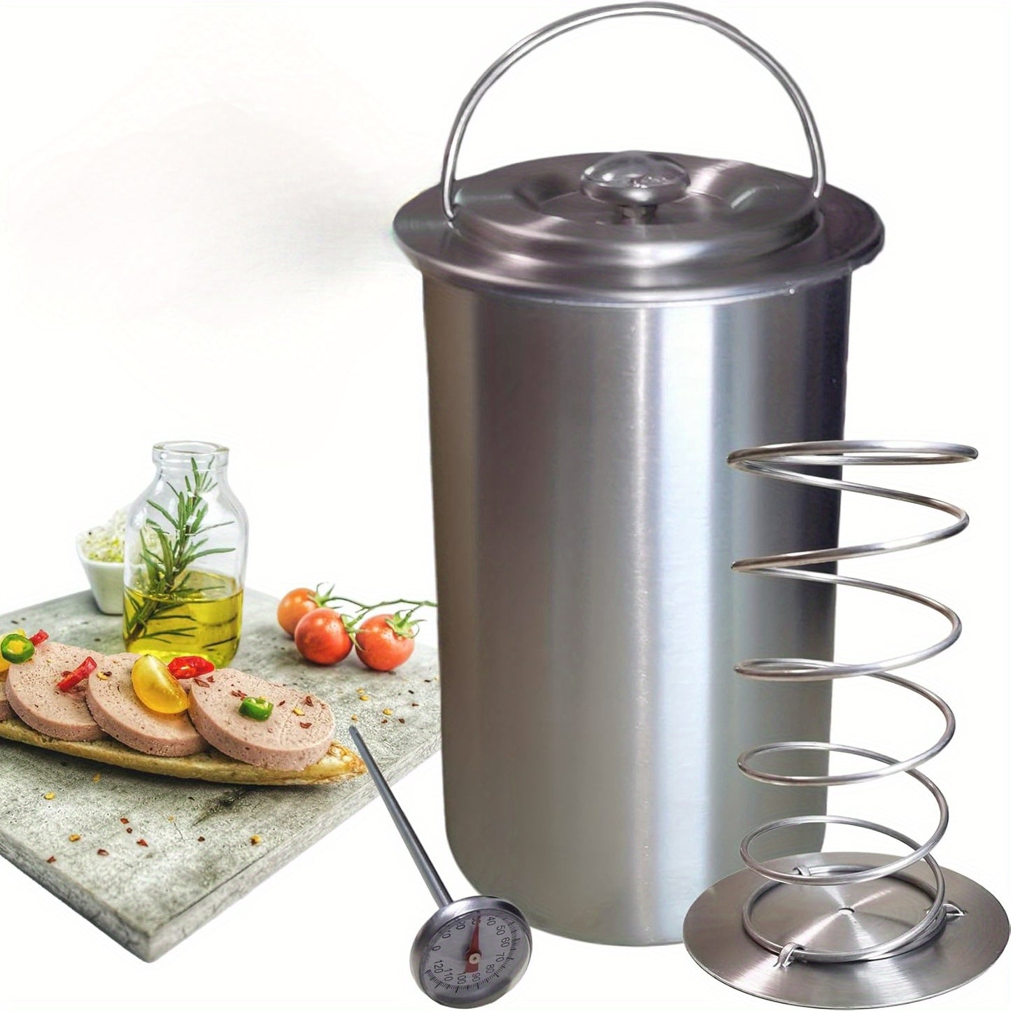 304 Stainless Steel Meat Pressing Barrel with Snap-On Lid, Real-Time Thermometer, Durable, Smooth Edge for Efficient Ham Making.