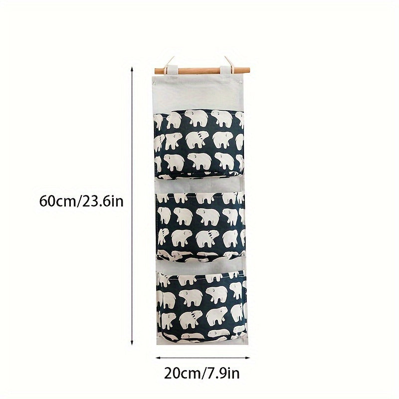 1pc Durable Linen Waterproof Hanging Storage Bag with 3-Tier Wall Mount and Wood Hanger for Home Organization.