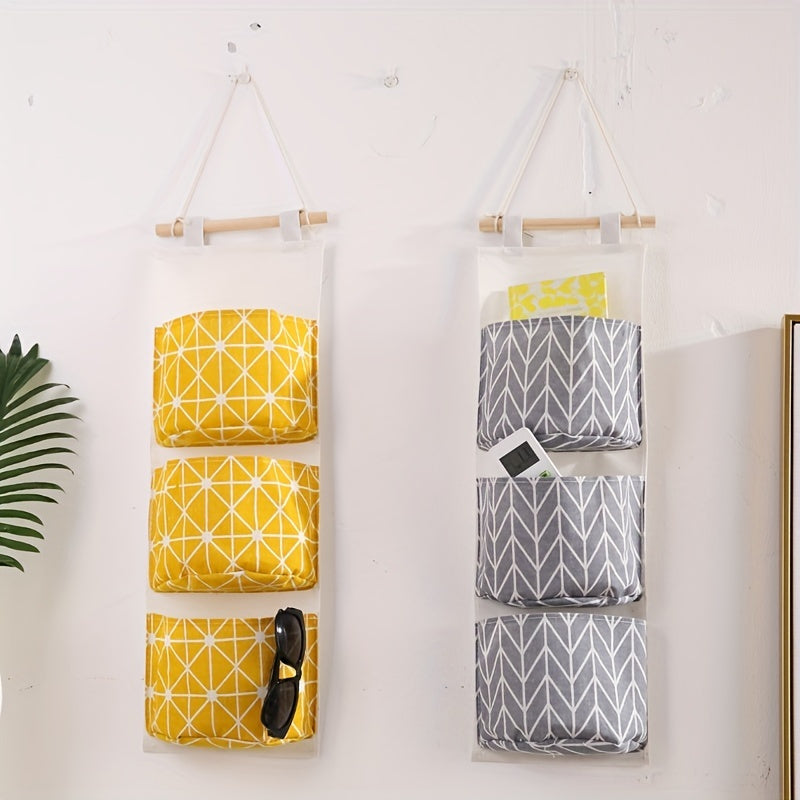 1pc Durable Linen Waterproof Hanging Storage Bag with 3-Tier Wall Mount and Wood Hanger for Home Organization.